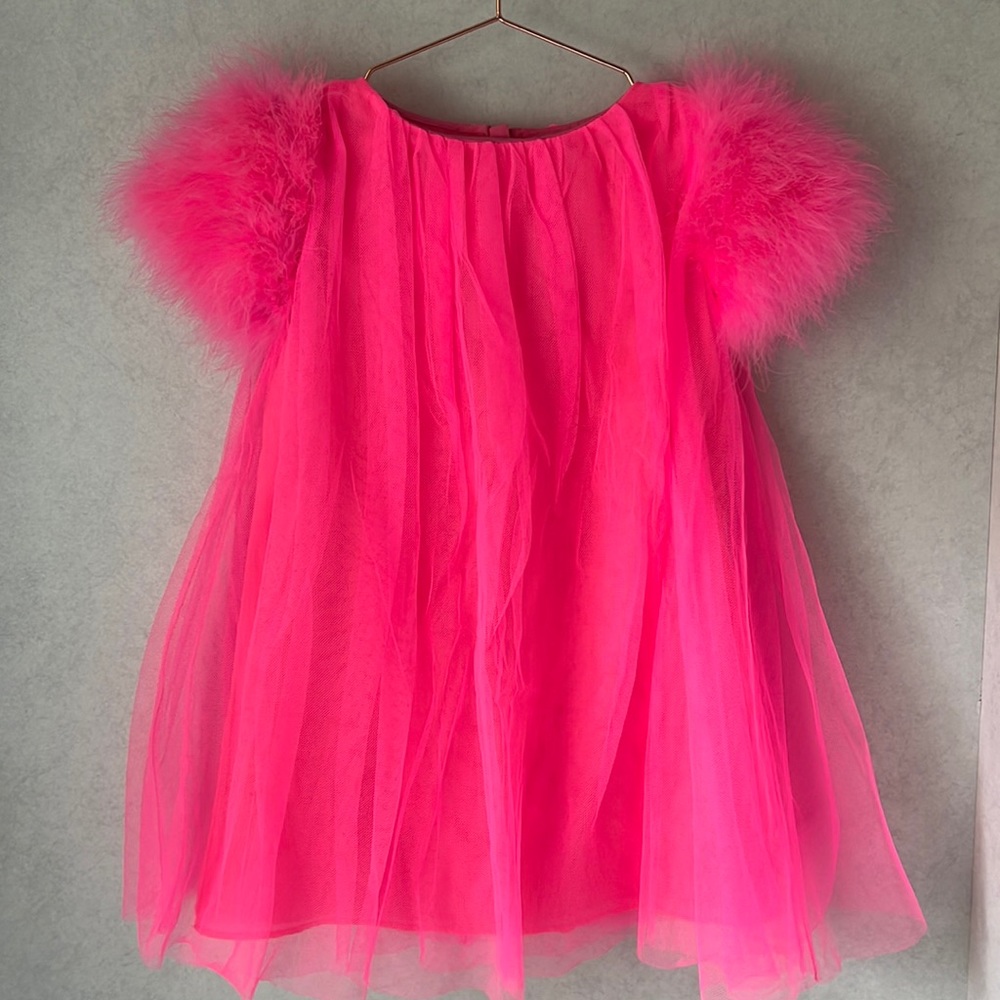 Pink Fluffy Sleeve Kids Casual Dress